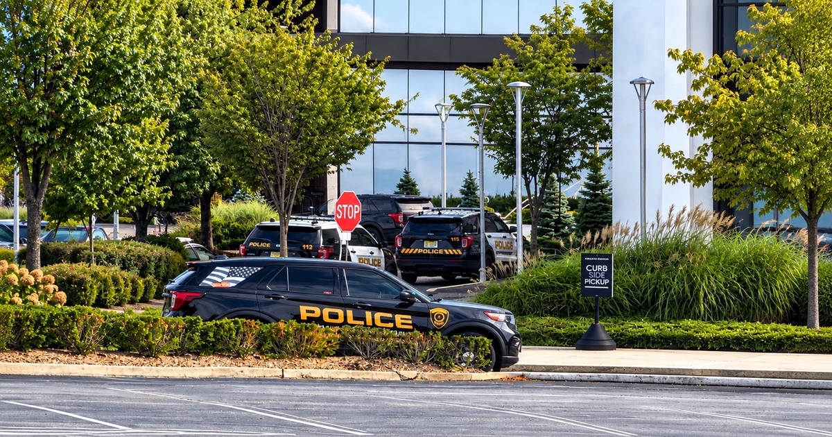 Police vehicles outside The Shops at Riverside in Hackensack, New Jersey