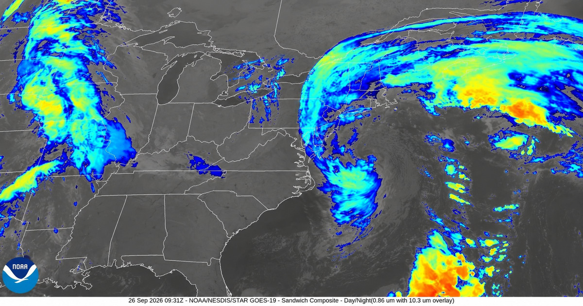NOAA GOES-19 satellite image showing a nor’easter rotating off the northeastern United States on September 26, 2026
